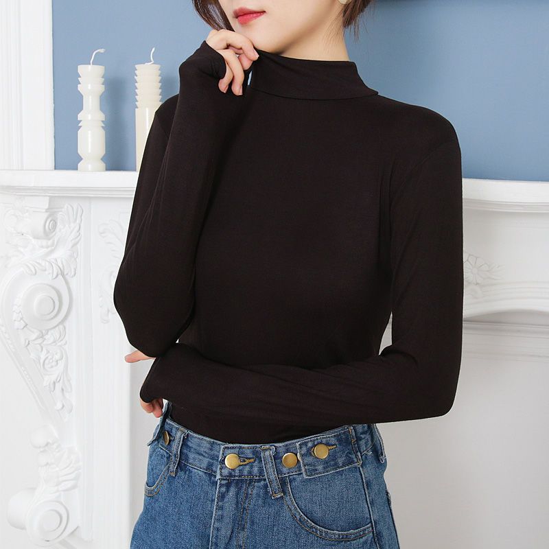 莫代尔长袖打底衫女春秋款内搭修身纯色圆领T恤百搭显瘦上衣莎丞