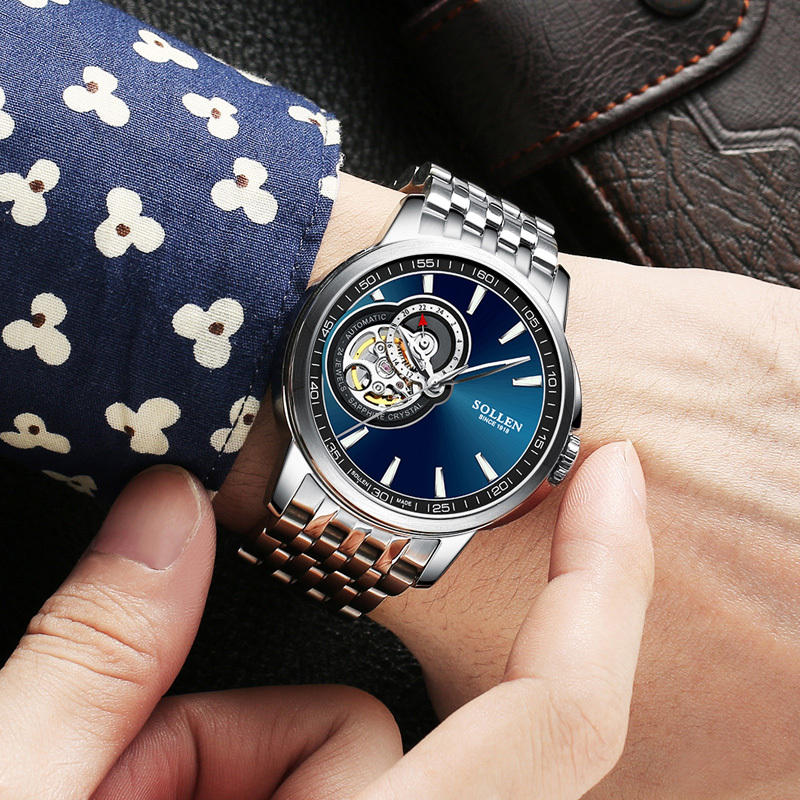 梭伦(SOLLEN)手表男自动机械表镂空飞轮时尚休闲商务简约复古男式表防水钢带SL-502高清大图