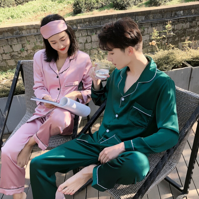 丝绸情侣睡衣男士夏季女款春秋天冰丝长袖薄款加肥加大套装家居服