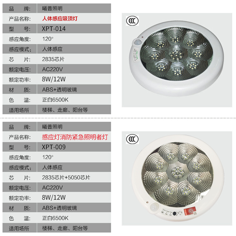 XPT-055曦普 LED人体感应吸顶灯led红外光感明装圆形走廊楼梯楼道智能感应省电灯 消防紧急照明装置12W白光