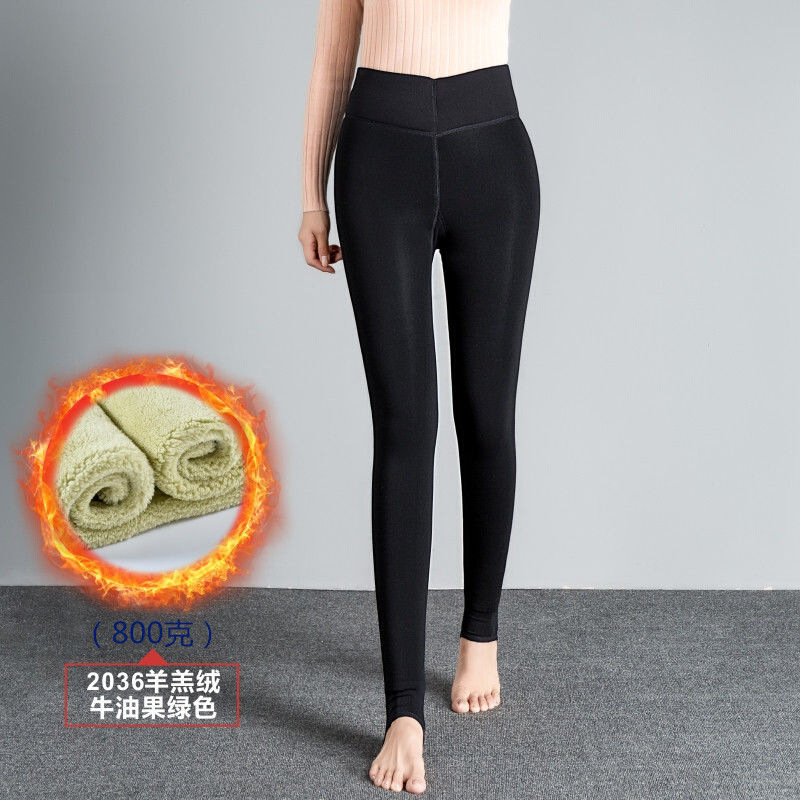 迪鲁奥（DILUAO)授权店铺秋冬新款羊毛打底裤女加绒加厚肤色高腰踩脚弹力外穿无缝一体羊绒裤女_740 2036黑色-800克(牛油果绿色) 4XL