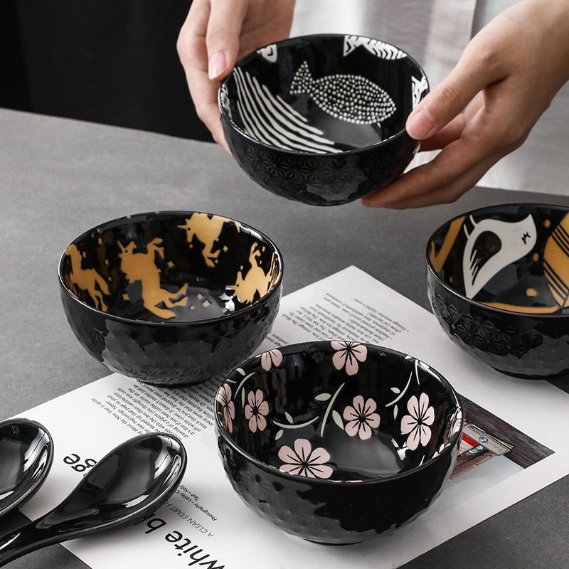 绿色樱花 4.5英寸螺纹碗6个装 套装米饭碗防烫4.5家用小碗和风陶瓷沙拉浮雕碗创意甜羮碗欧式碗