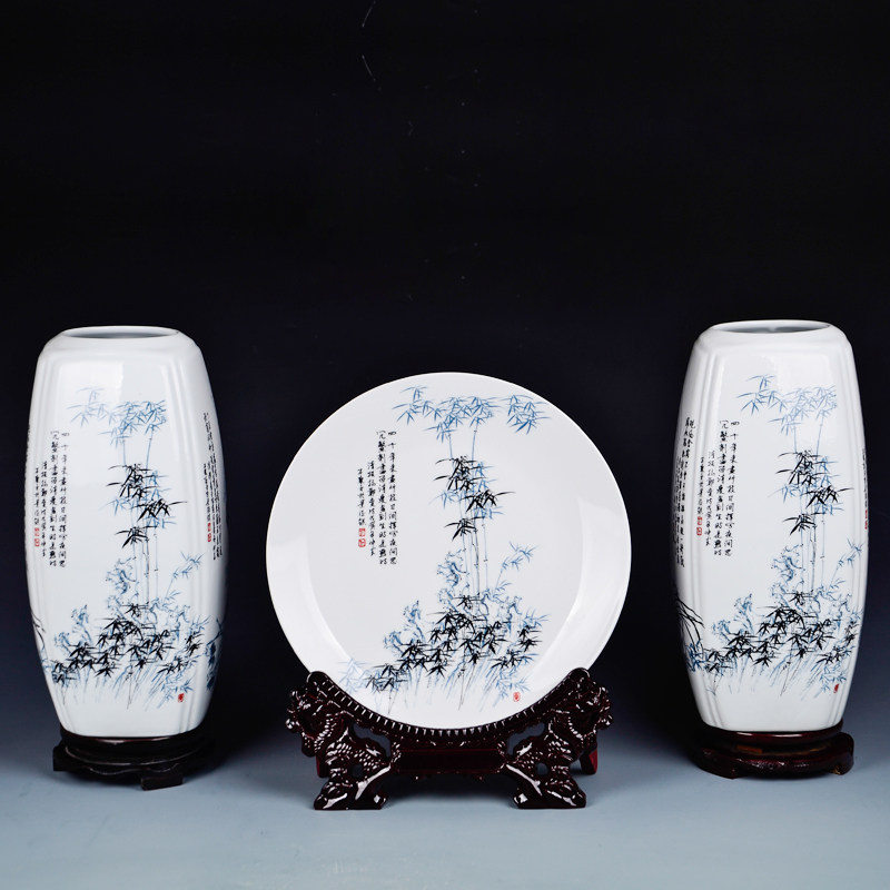 景德镇陶瓷器博古架小花瓶插花干花富贵竹中式家居客厅装饰品摆件 三维工匠 四方瓶三件套-竹++底座龙头支架高清大图