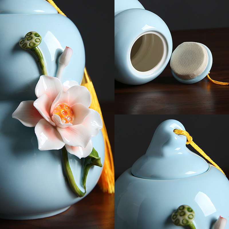 一鹿花开天蓝小号 述瓷宣 手工花茶叶罐 精品 高档 陶瓷密封家用储存罐创意个性时尚
