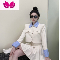 七斓女春季新款气质撞色条纹拼接西装外套+高腰百褶半身裙小褶色装西 S 杏色