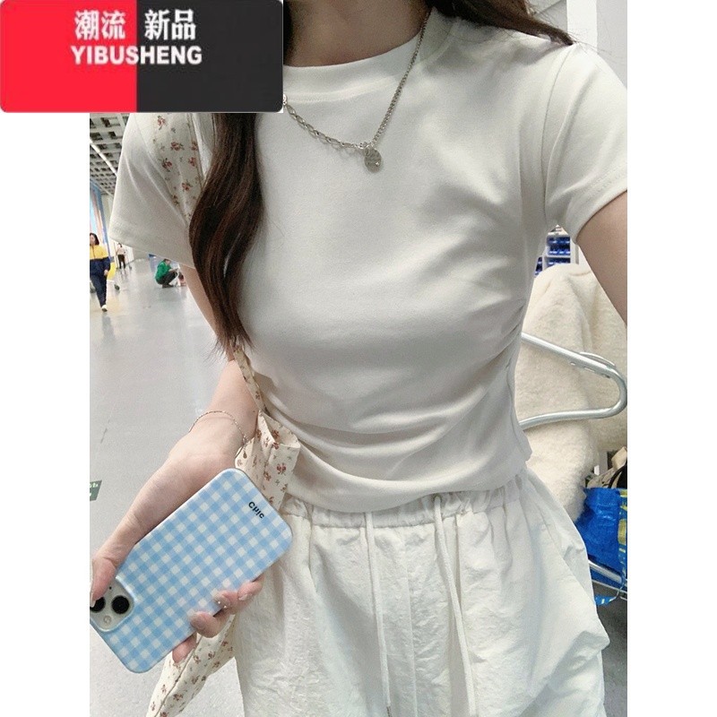 YIBUSHENG正肩t恤女短袖季修身显瘦又甜又辣纯欲不规则褶皱短款小衫上又 2XL建议120-130斤 白色