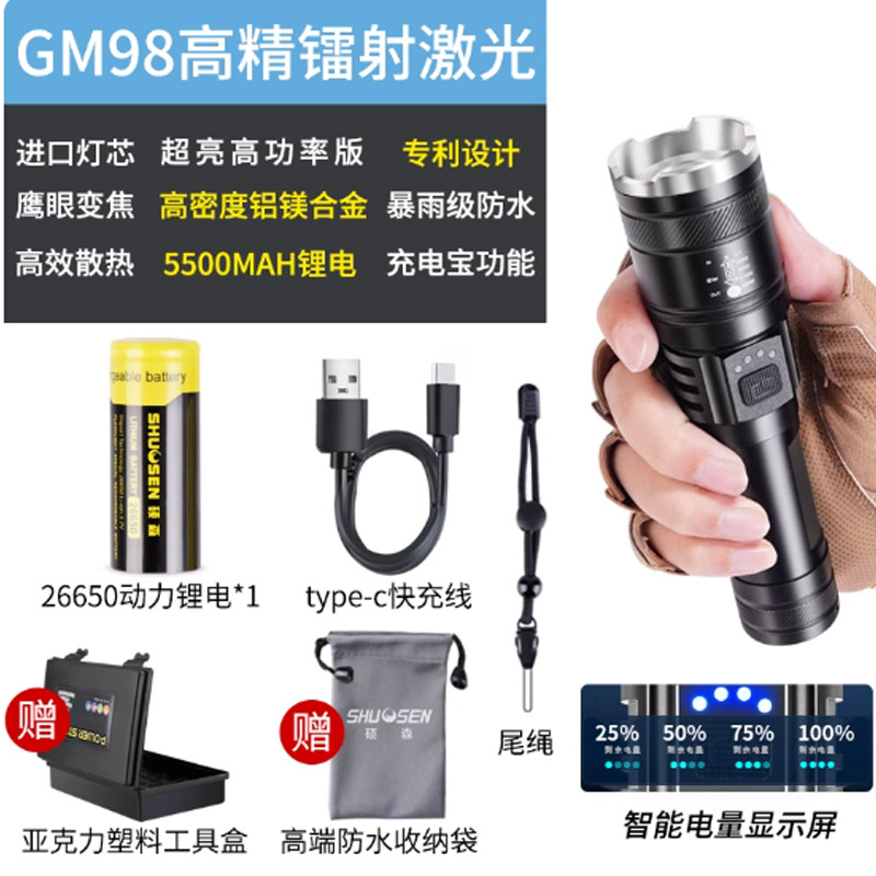 硕森超亮手电筒GM98一电-智能电显-可充手机-速变焦-type-c快充高清大图