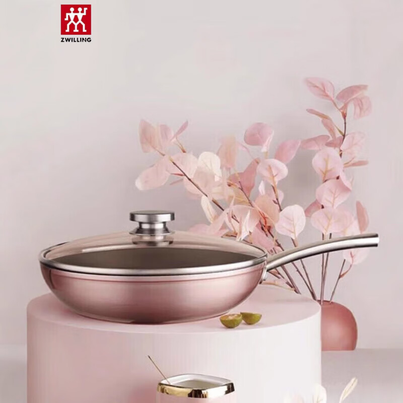 双立人深煎锅ZW-EY103铝合金不粘炒锅28cm加厚复合底不挑炉灶耐磨 粉红色炒锅 ZW-EY103高清大图