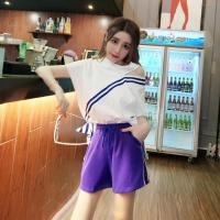 2018夏季韩版新款个性织带拼接露肩上衣+显瘦百搭系带短裤套装
