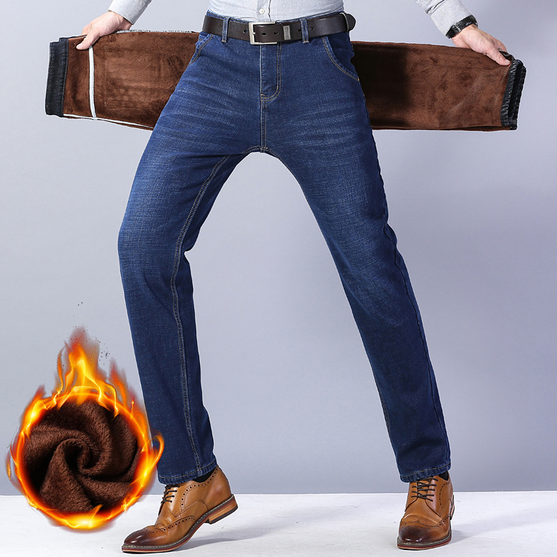 啄木鸟2025秋冬款轻商务男加厚款宽松直筒修身休闲保暖男款牛仔裤高清大图