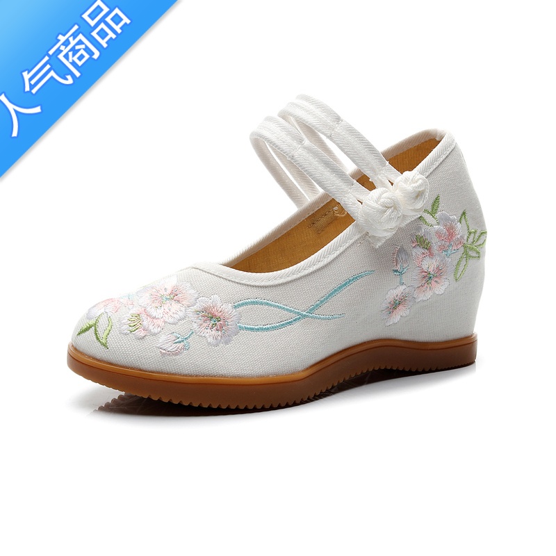 SUNTEK古风汉服鞋子女老北京布鞋古装鞋高跟绣花鞋复古民族风舞蹈鞋坡跟高清大图