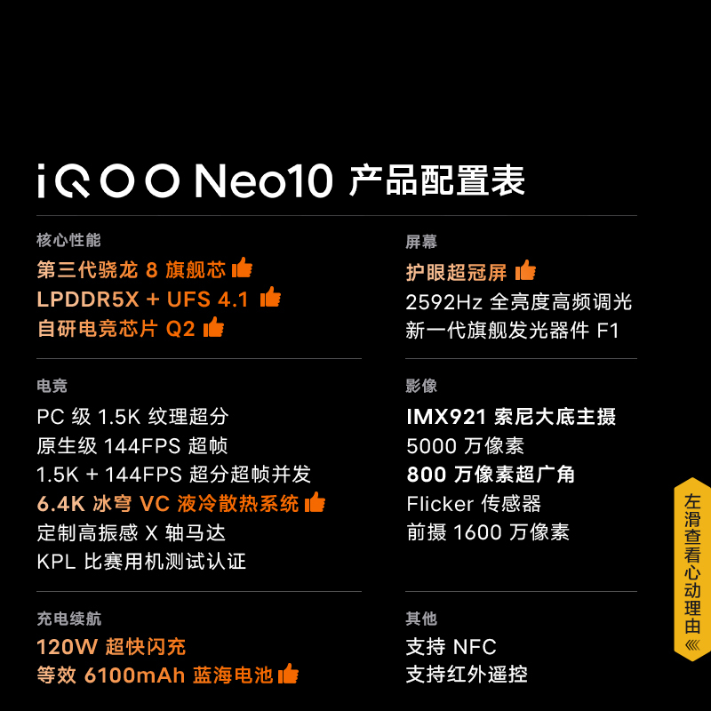 iQOO Neo10 拉力橙 12GB+256GB 全网通5G新品手机第三代骁龙8旗舰芯片144Hz 等效6100mAh蓝海电池拍照游戏学生电竞性能手机高清大图