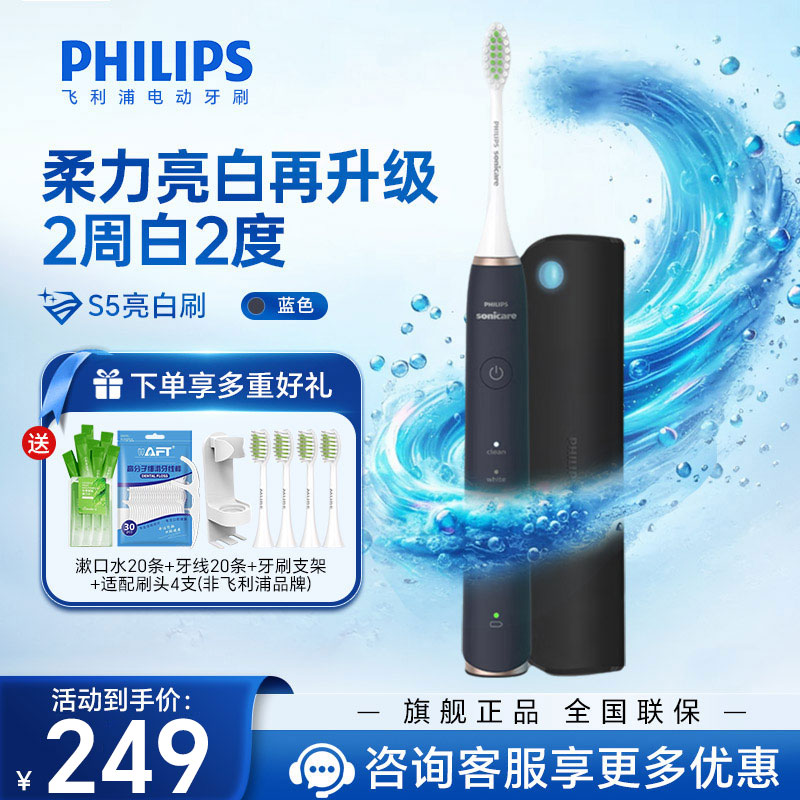 飞利浦（PHILIPS）电动牙刷成人声波震动牙刷 配杀菌旅行盒 鸢尾蓝HX2461/06