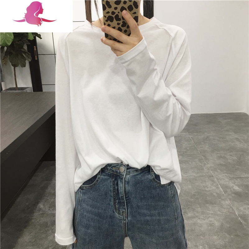 艳如飞细米定制 韩版纯色简约基础宽松百搭插肩袖圆领套头长袖T恤上衣女T恤