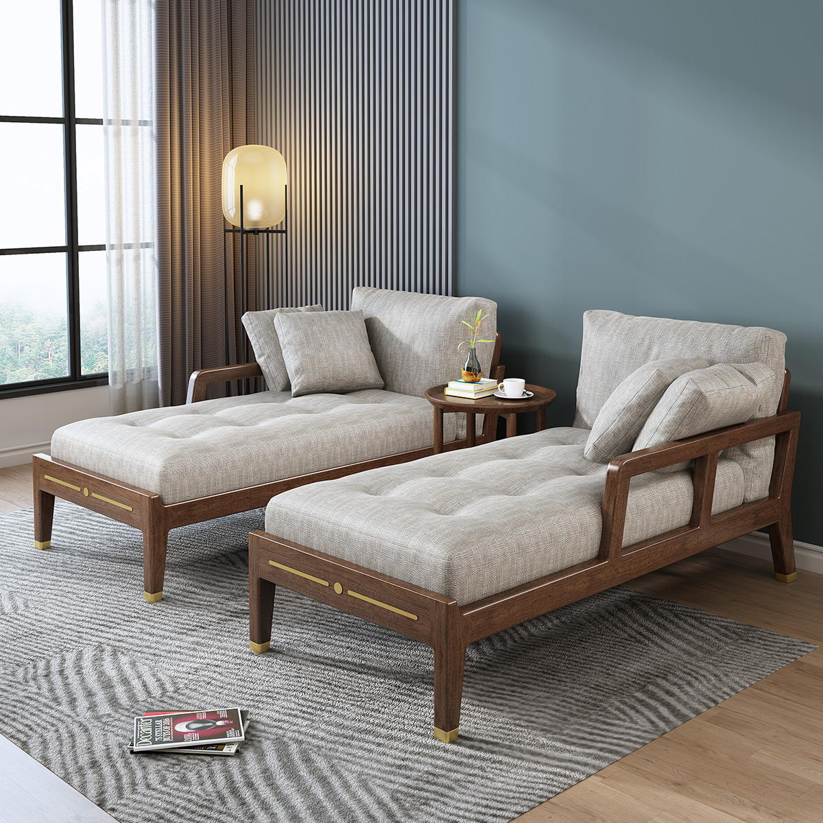 月影梳桐北欧实木贵妃榻胡桃木沙发客厅布艺阳台休闲懒人单人贵妃椅