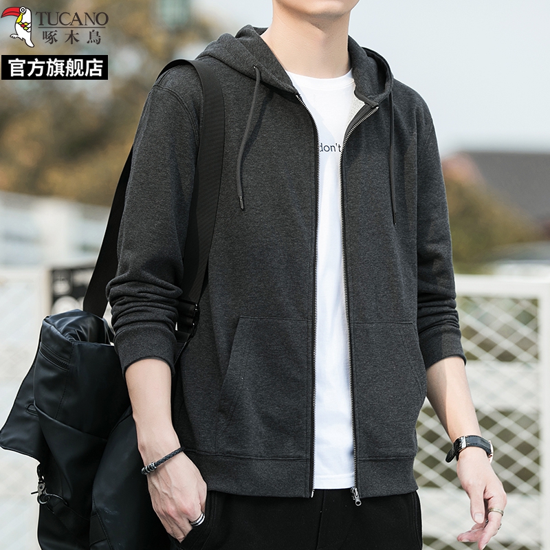 啄木鸟男士连帽开衫卫衣2025秋季新款休闲拉链运动夹克外套上衣 深灰官方正品 190/100A建议170-190斤