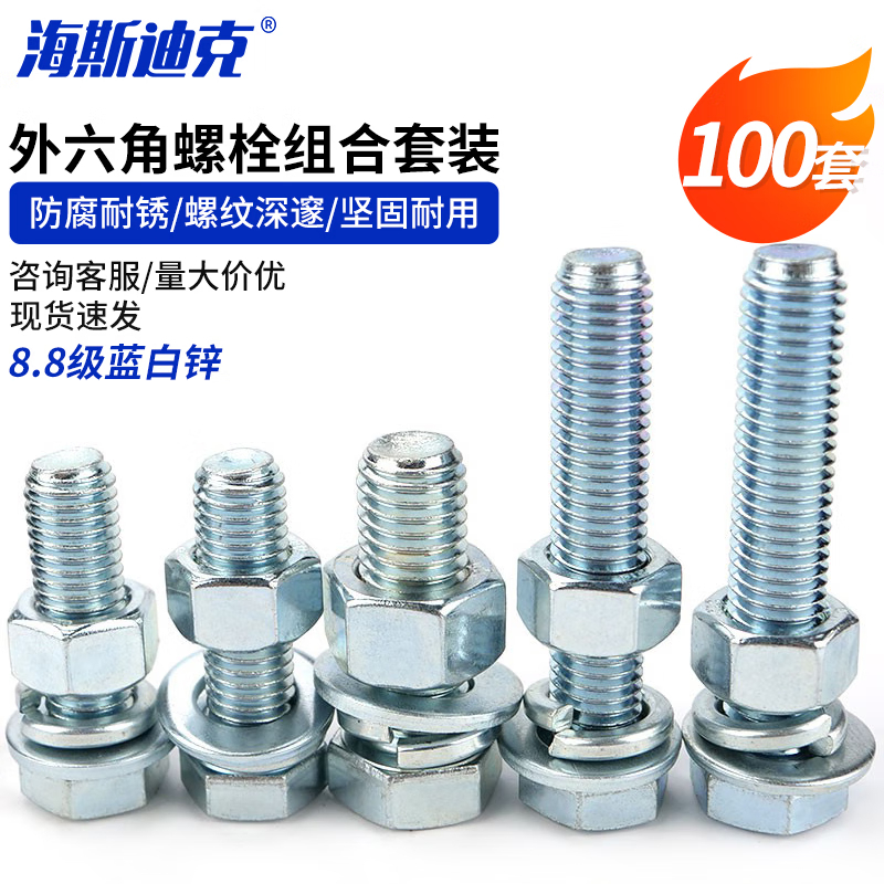 海斯迪克 HKsq-580蓝白锌外六角螺栓螺母平弹垫全牙套装GB5783 M6*55(100套)