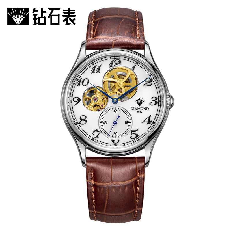 上海钻石牌（DIAMOND）手表男士自动机械大表盘精钢2301男士钻石手表白面棕皮