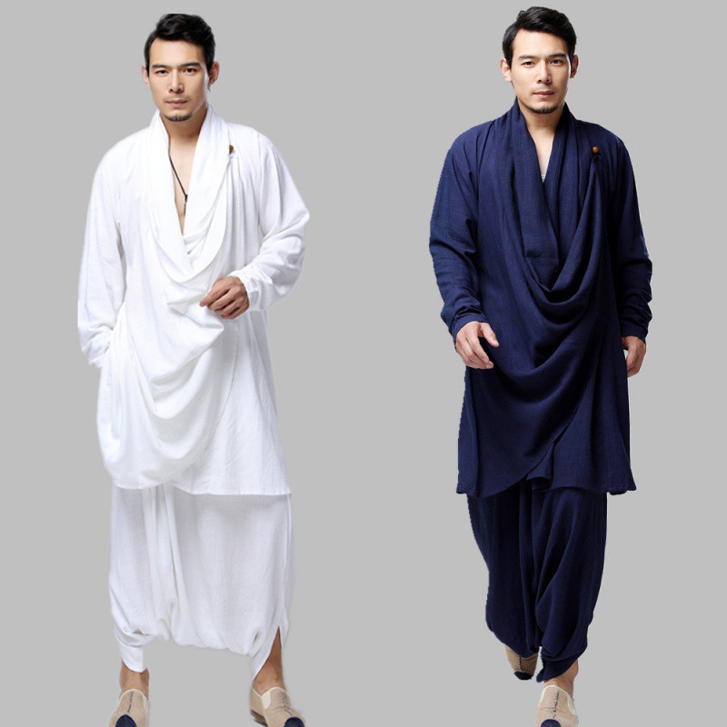 举翼王子棉麻套装太及服禅茶服套装修身长款中国风男装 蓝色裤子 M