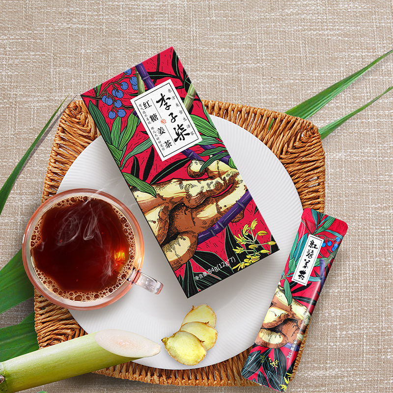 李子柒 红糖姜茶女生大姨妈姜红糖水暖身姜糖茶姜枣茶速溶12g*7条*2盒