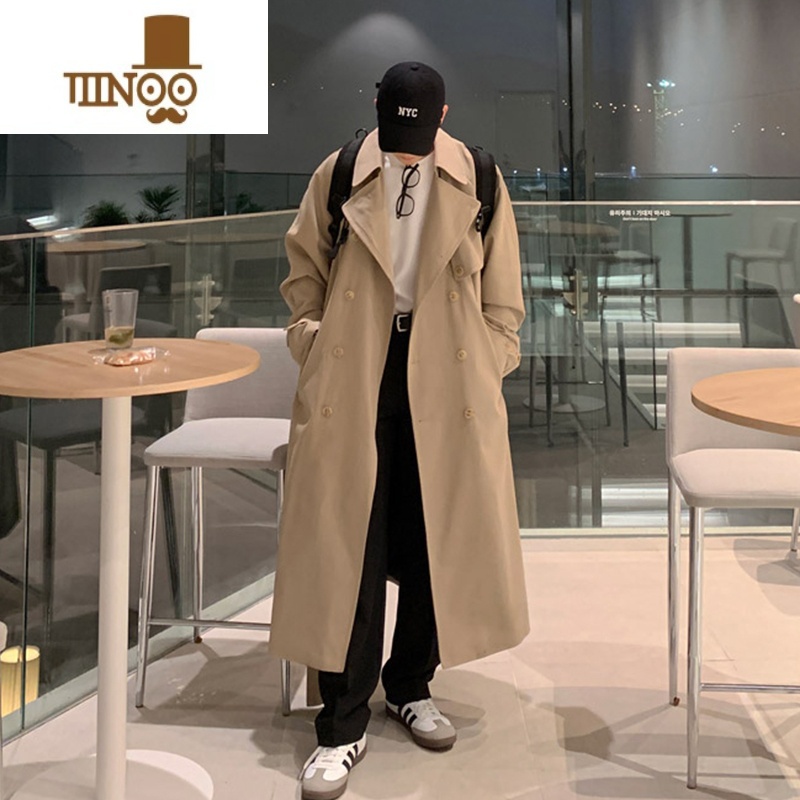 YANXU风衣外套男中长款日系战壕克苏鲁感卡其色过膝男士大衣高清大图