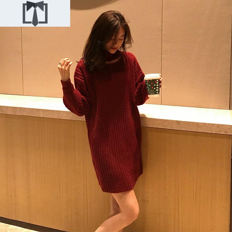 SUNTEK本命年新年红色高领针织连衣裙女秋冬亮闪闪挂脖中长款打底毛衣裙毛衣