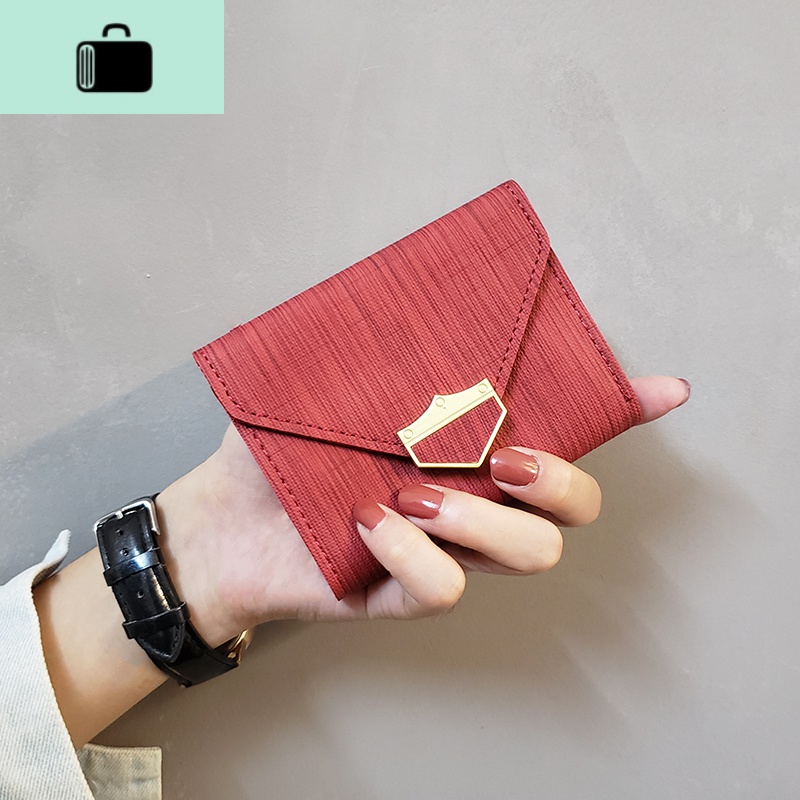 ins新款简约日韩女学生女士纯色短款信封布艺金扣可爱小钱包卡包NEWLAKE 红色皇冠