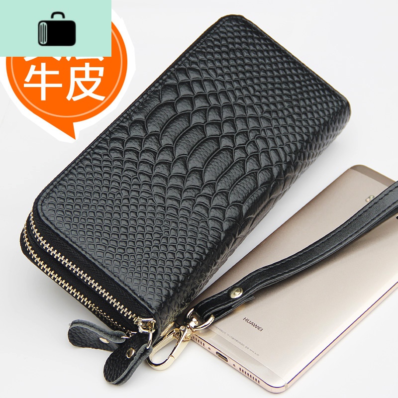 钱包女皮长款钱包夹多层双拉链多功能大容量手包女士手拿包NEW LAKE 黑色鳄鱼纹，双拉链