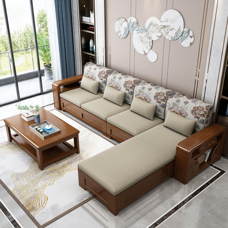 冬夏两用天空树新中式客厅实木贵妃沙发简约小户型现代家具