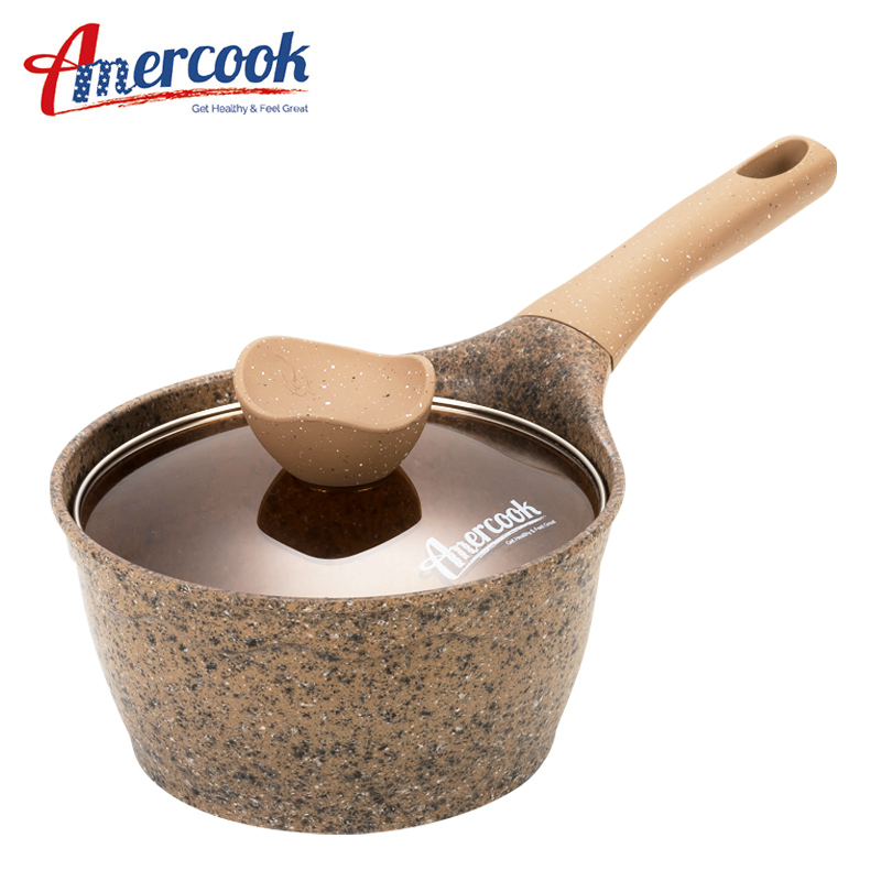 AMERCOOK阿尔菲塔麦饭石奶锅不粘锅宝宝辅食锅18cm平底锅 家用合金热奶锅小汤锅泡面锅 明火电磁炉通用锅具 咖啡色