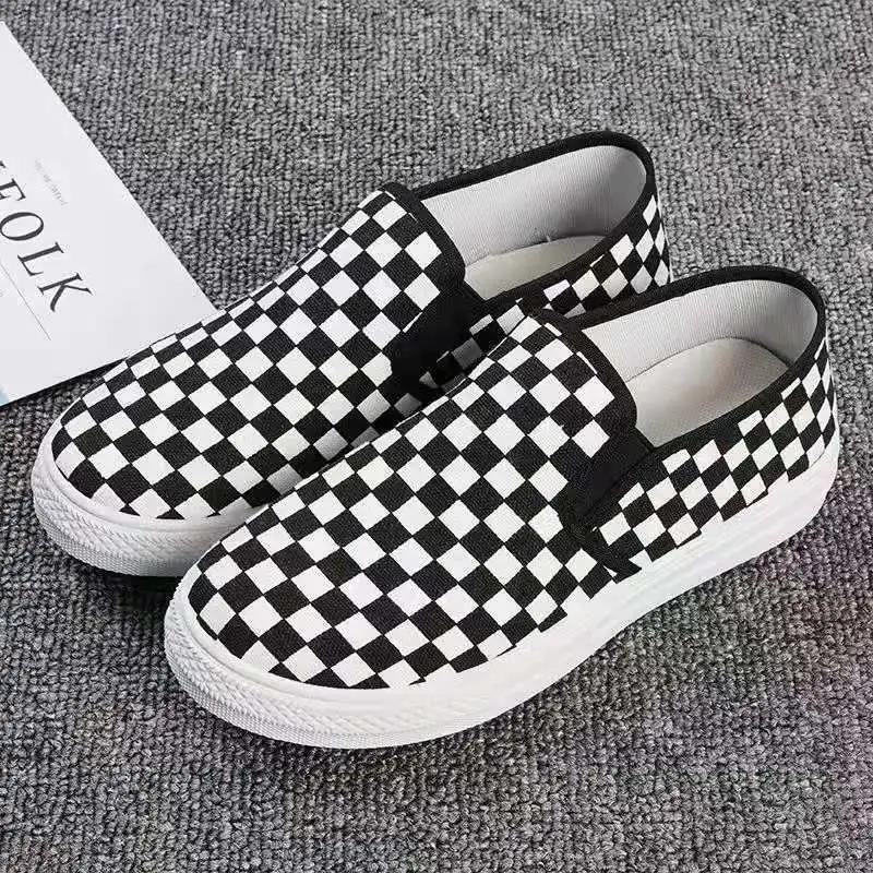 春夏新款方格韩版学生帆布鞋百搭平底一脚蹬布鞋懒人莎丞