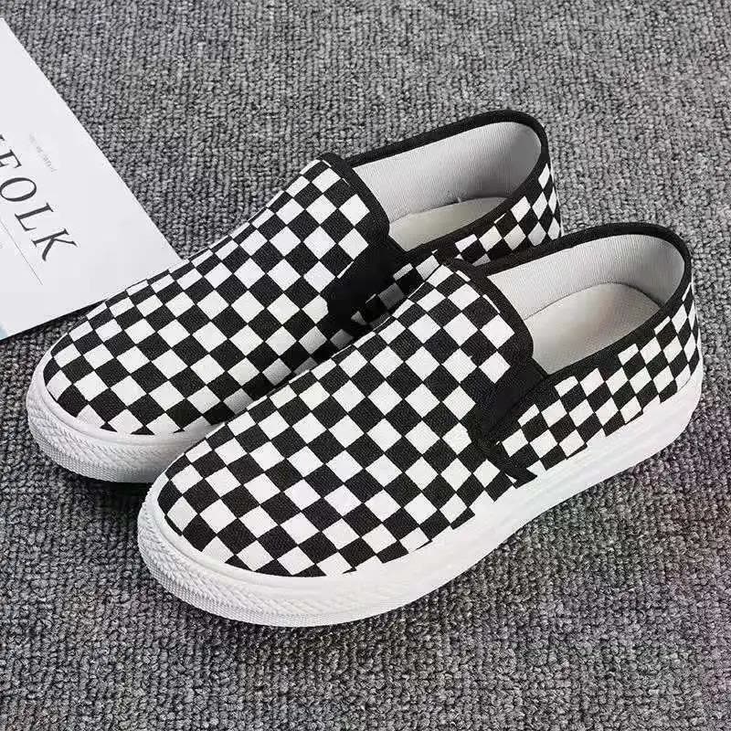 春夏新款方格韩版学生帆布鞋百搭平底一脚蹬布鞋懒人莎丞图片