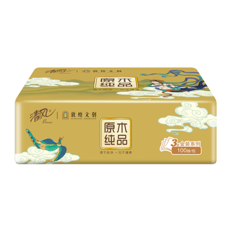 清风&敦煌文创 原木纯品系列3层100抽纸巾 AR60SDH 24包