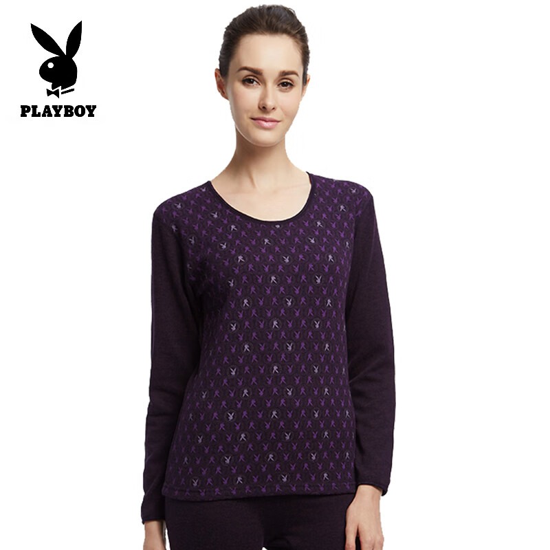 【断码清仓】花花公子女士保暖内衣女加绒加厚套装棉印花圆领高清大图