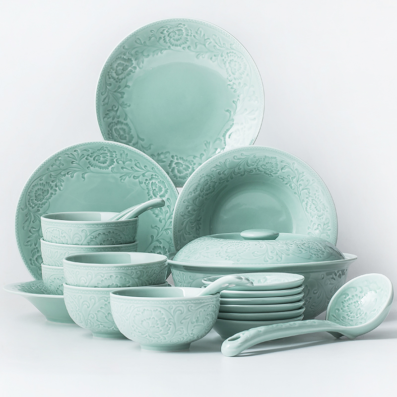 苏氏陶瓷 SUSHI CERAMICS 青瓷套装餐具花开富贵25头陶瓷盘碗礼盒装