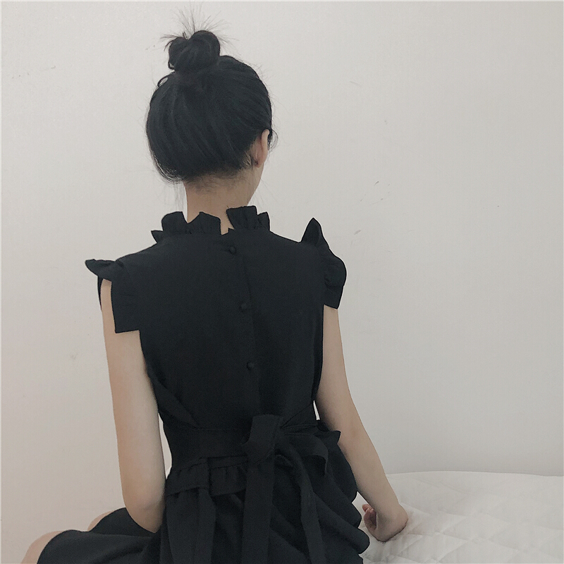 夏季韩版无袖荷叶边不规则a字裙高腰显瘦系带纯色连衣裙女 黑色 均码