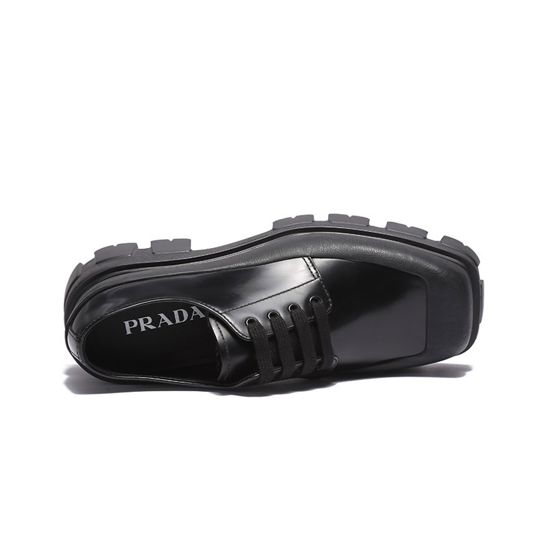 普拉达prada男士亮面皮革系带方头厚底皮鞋德比鞋2eg411055fg001