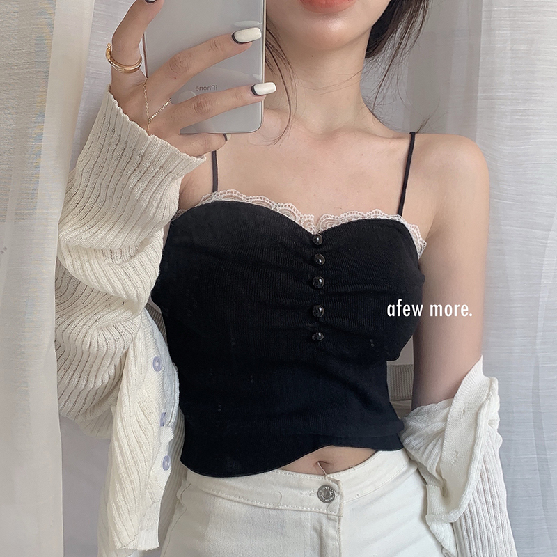 针织小吊带背心女夏季性感蕾丝紧身短款外穿打底美背内搭无袖上衣