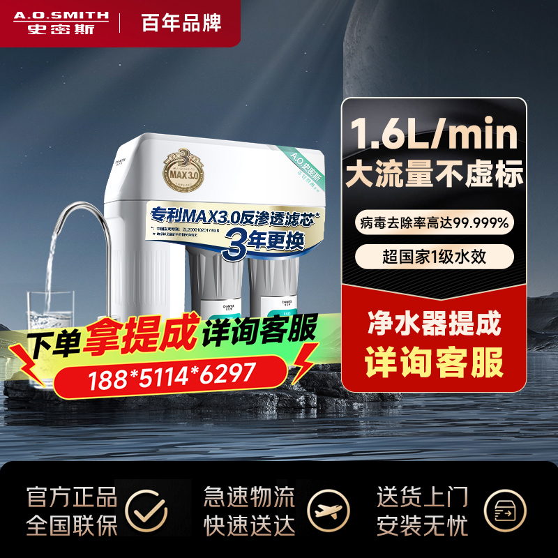 AO史密斯净水器家用 直饮净水机 反渗透过滤 整机质保3年 专利3年RO膜600G 1.6升/分钟 1600S