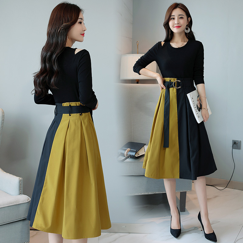 女士秋季新品拼接撞色连衣裙女中长款时尚气质收腰显瘦露肩a字裙