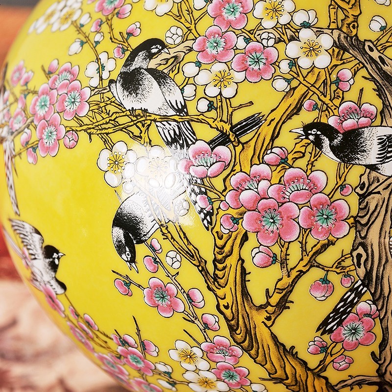景德镇瓷器黄釉花鸟花瓶花插工艺家居摆设客厅书房电视柜装饰 送底座