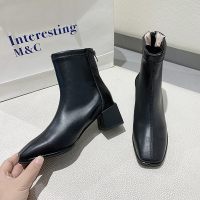 枫述嘉足法式小短靴女潮ins酷2021年秋季新款百搭韩版显瘦方头粗跟瘦瘦靴
