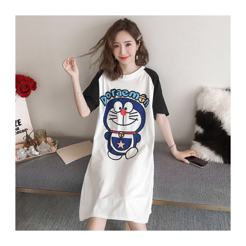 睡衣女夏韩版纯棉可爱卡通孕妇薄款宽松开心猫夏天短袖学生睡裙