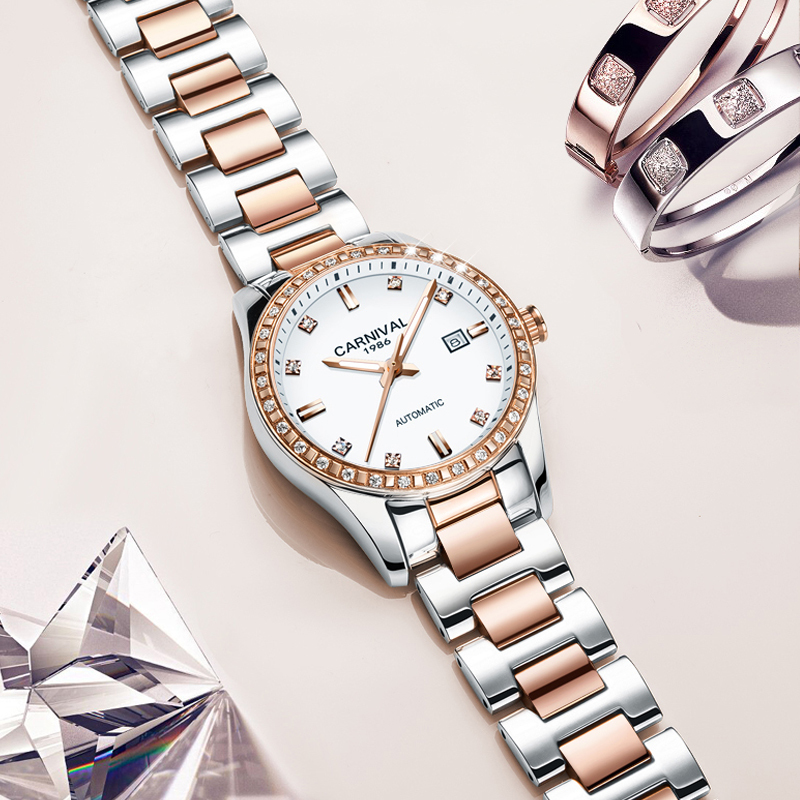瑞士嘉年华Carnival手表新款全自动机械表 女表时尚钢带潮流夜光防水女士镂空水钻名表时装腕表魅力玫金8685高清大图