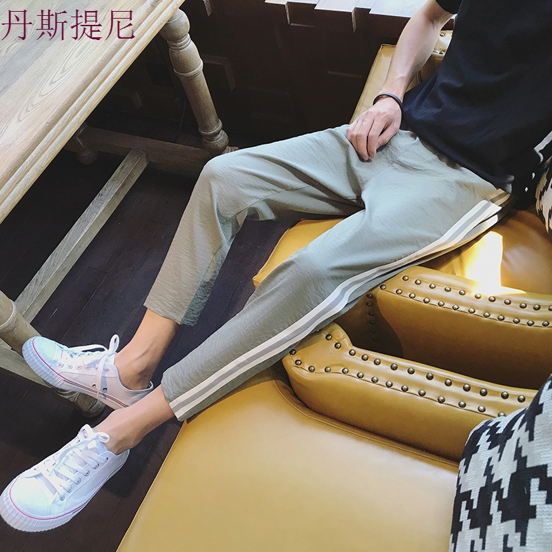 男裤子休闲裤夏季薄款九分裤ins运动裤直筒百搭青少年条纹阔腿裤