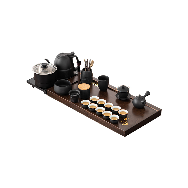 苏氏陶瓷(SUSHI CERAMICS)功夫茶具套装花梨木色茶盘风黑陶茶具自动烧水壶一体整套茶盘茶台