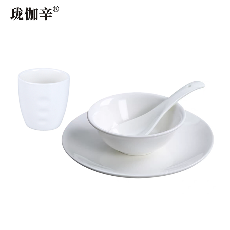 珑伽辛 白色陶瓷餐具饭碗茶杯骨碟小汤勺 四件套/套高清大图