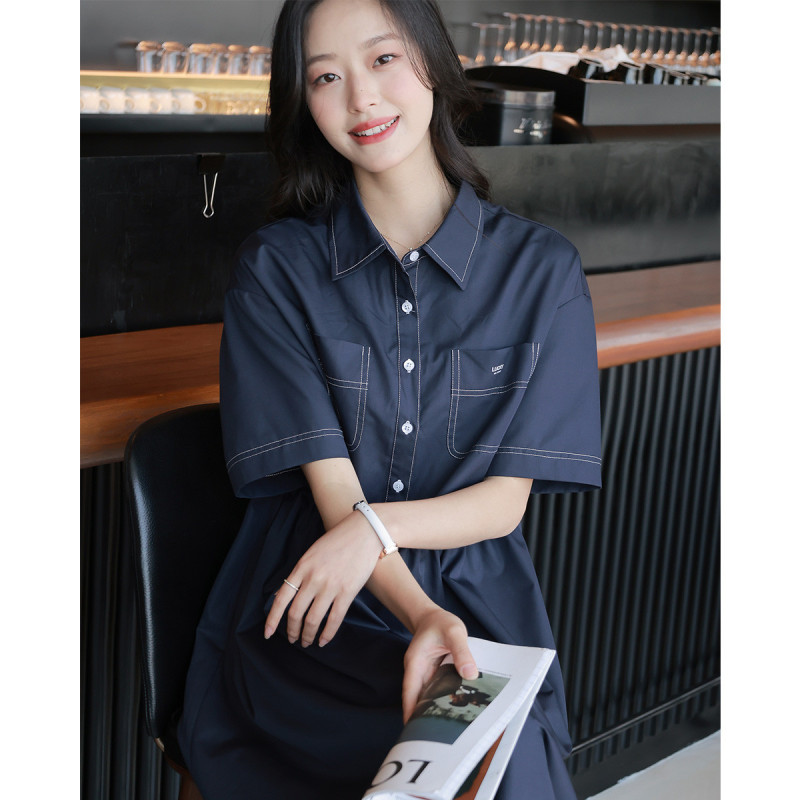 [1.5折价88元]唐狮连衣裙女夏季韩版翻领短袖衬衫中长裙简约休闲设计感
