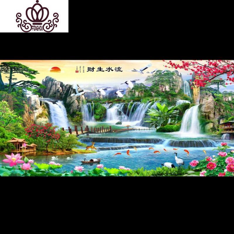 封后线绣十字绣2019新款客厅满绣全绣山水画风景画流水生财迎客松大幅 棉线190*80厘米中格3股线绣赠工具