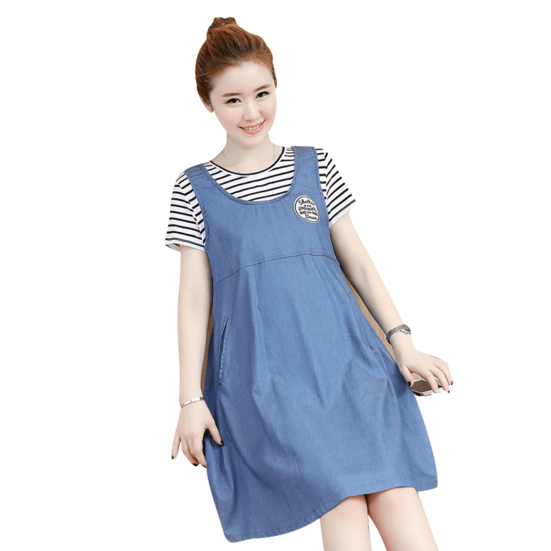 迪鲁奥(DILUAO)哺乳衣外出夏透气孕妇装夏装2021新款孕妇连衣裙中长款时尚潮妈孕妇裙子夏季宽松 蓝色两件套图片